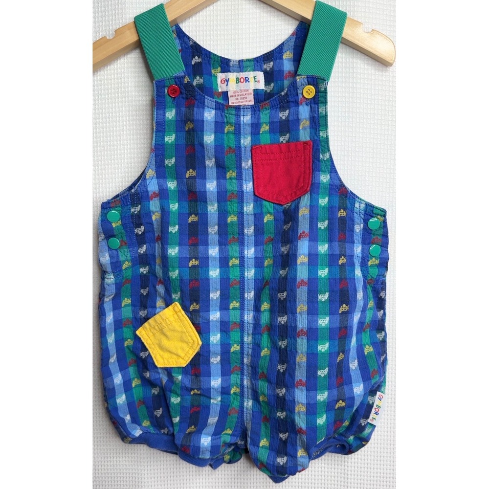 Vintage Gymboree Airplanes Colorblock Gingham Romper XS 9-18 Months Blue Green